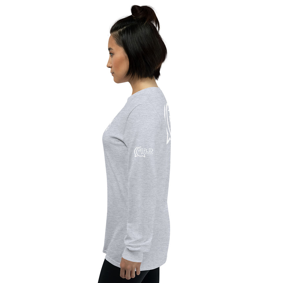 Miniatura: T-shirt manche longue gris portée sur femme de côté avec logo sur la manche