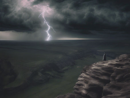 A person stands at the edge of a cliff under a dark, stormy sky, watching lightning strike the distant horizon.
