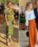 Two women in stylish outfits attending a garden party wedding event. Left: green patterned dress, holding a clutch. Right: white blouse, orange pants, smiling with a man.