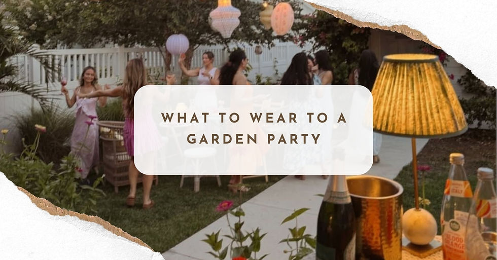 Women in dresses socialize at a garden party. Decor includes hanging lanterns and a lamp. Text reads "What to Wear to a Garden Party."