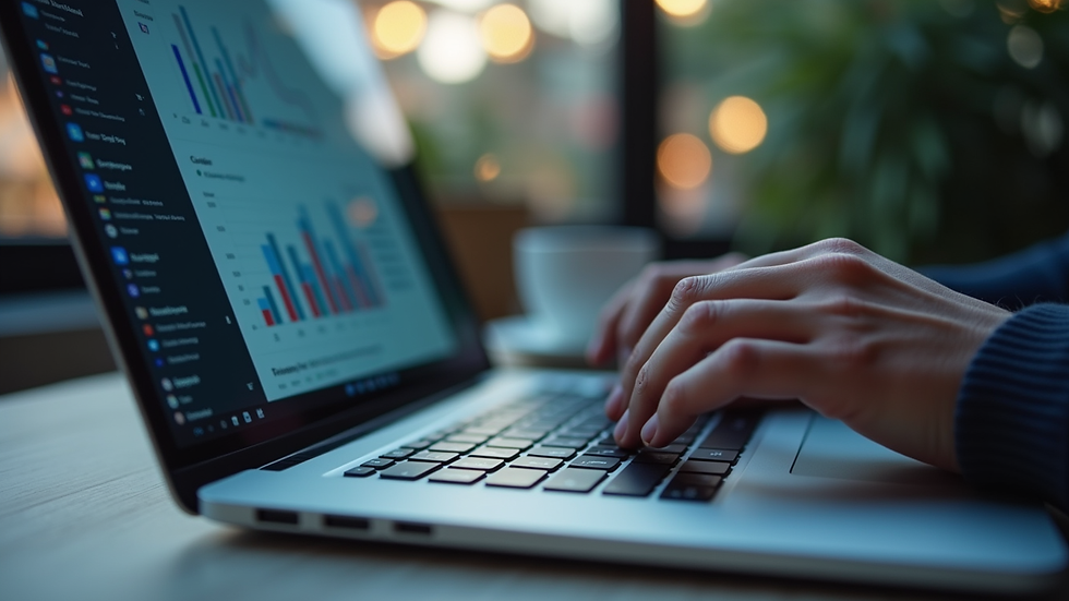 Eye-level view of a person analyzing social media data on a laptop