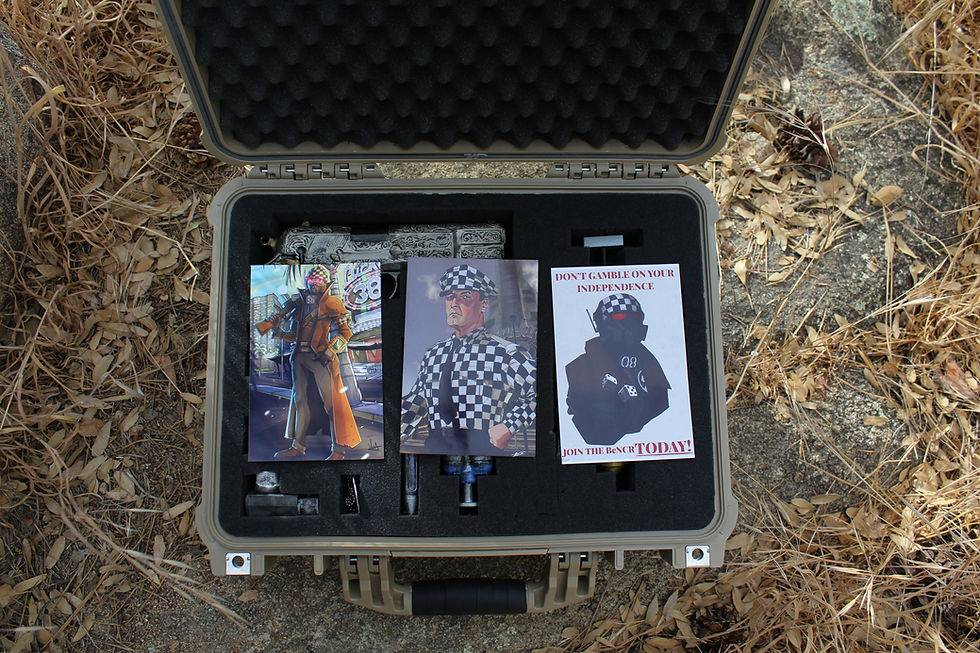 Open tactical case with combat-themed kit and booklets