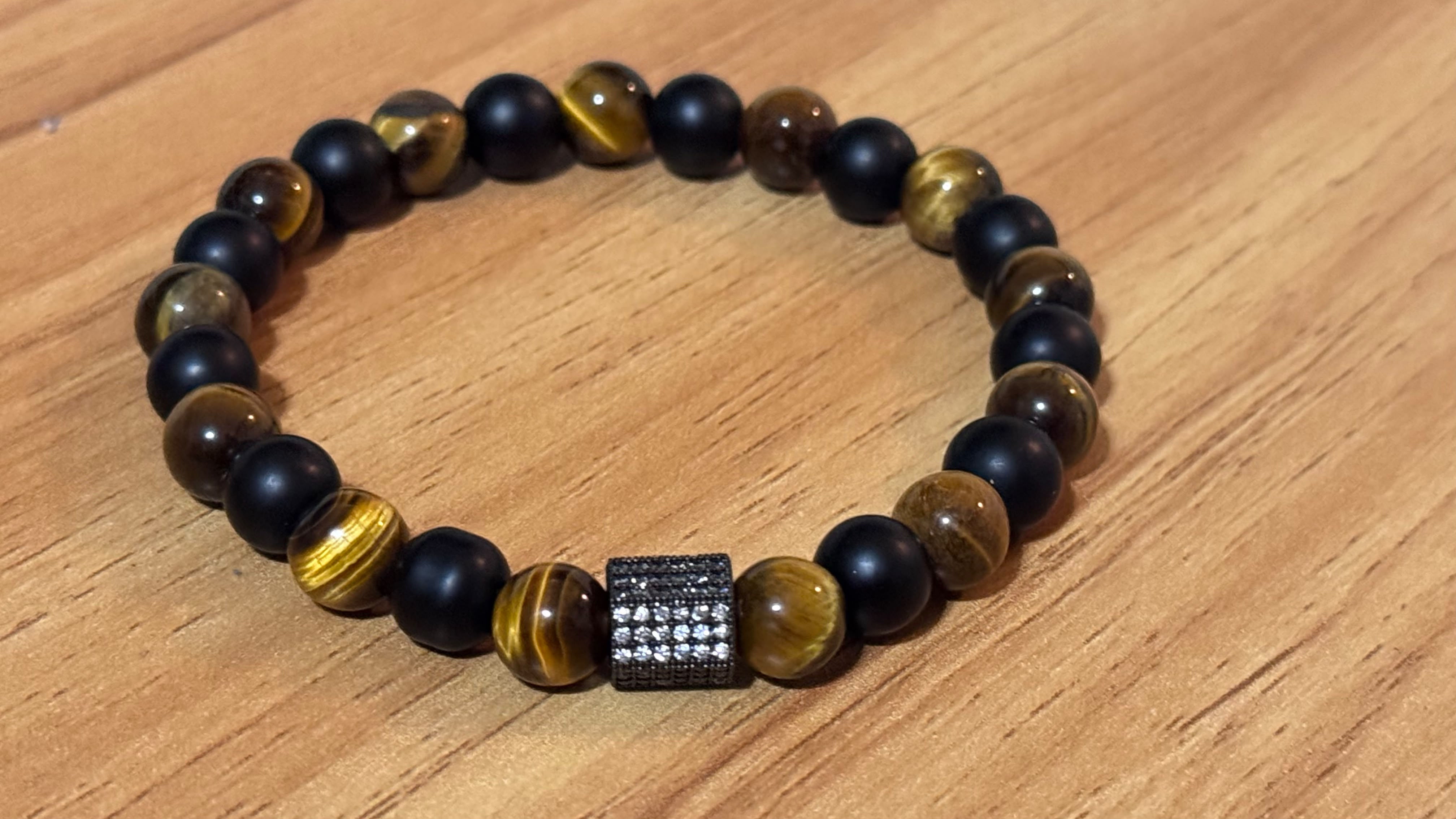 Tiger Eye & Matte Black Stretch Bracelet with Pave Cylinder Bead
