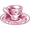 Drawing of a teacup in red ink against ivory background.