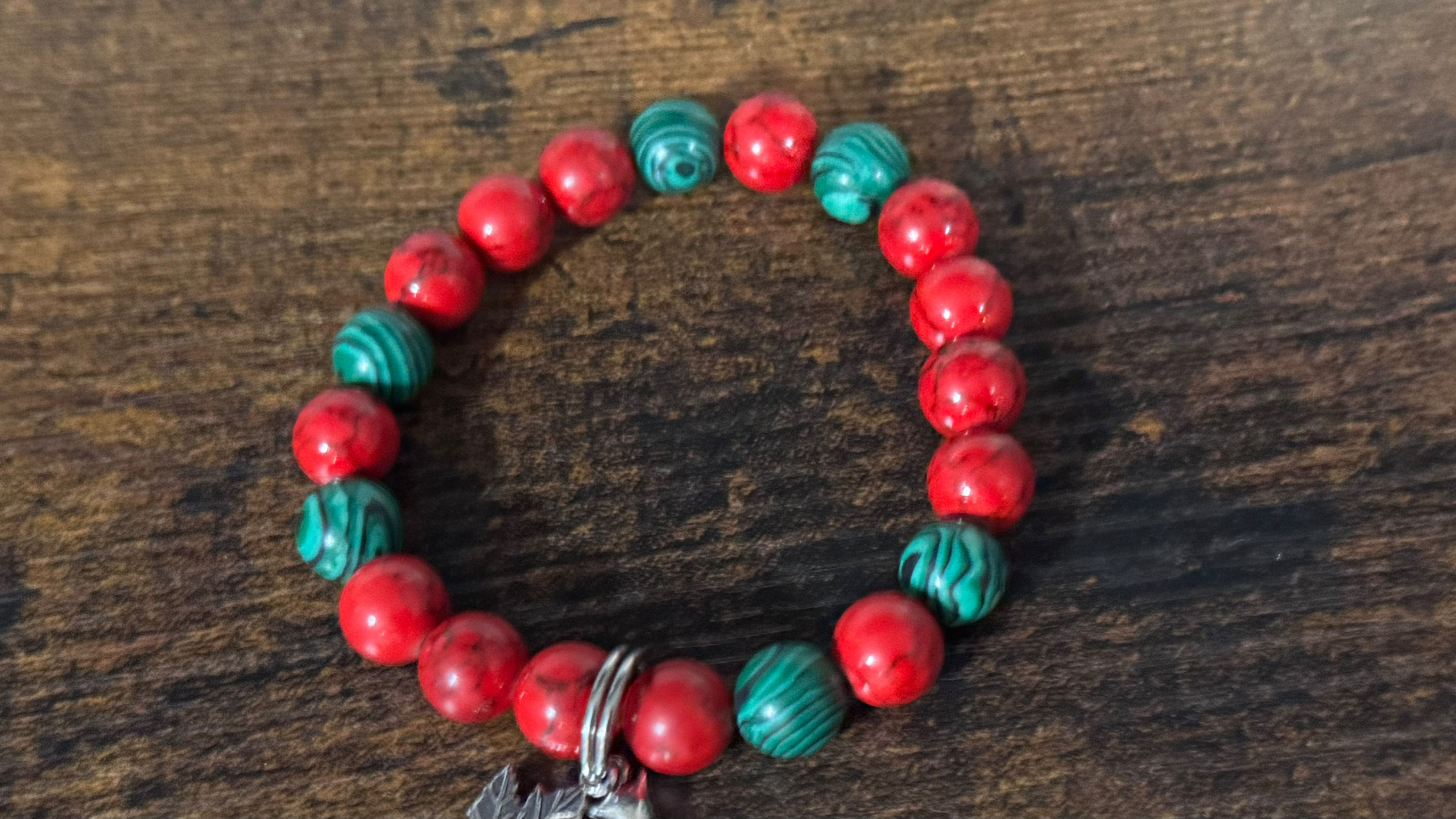 Red Coral & Malachite Stretch Bracelet with Feather Charm