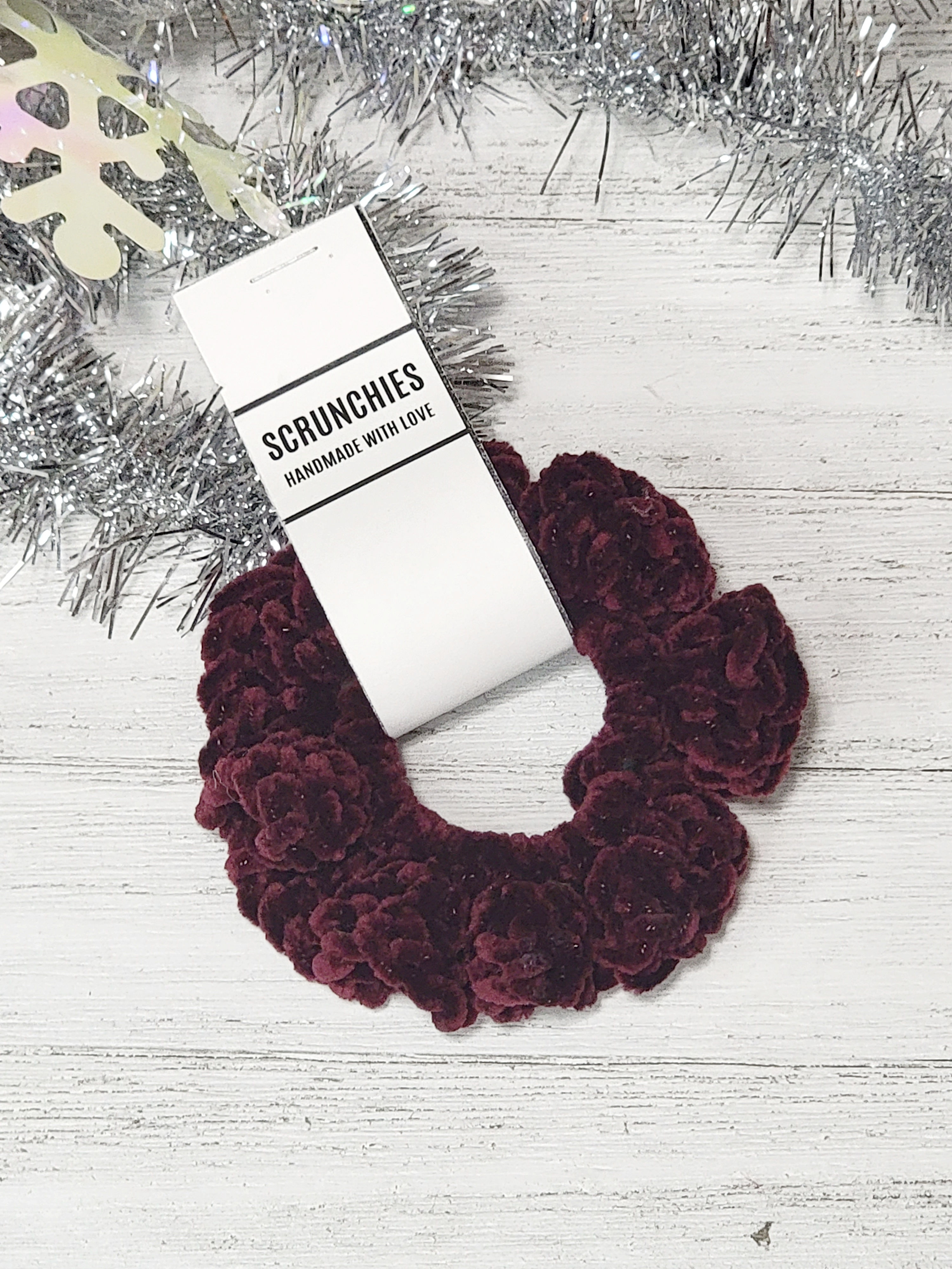 Burgundy Velvet Crochet Scrunchie