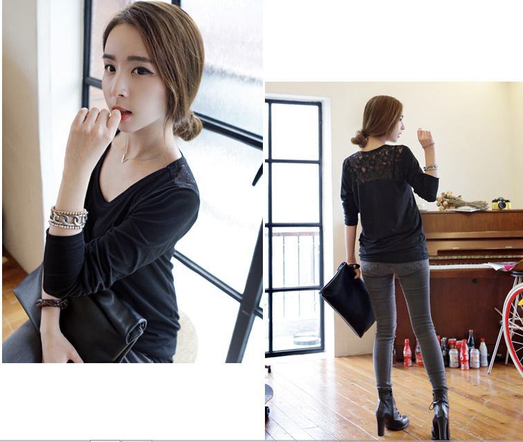 Thumbnail: M392 Floral Back Laces Top Long Sleeves (Black)