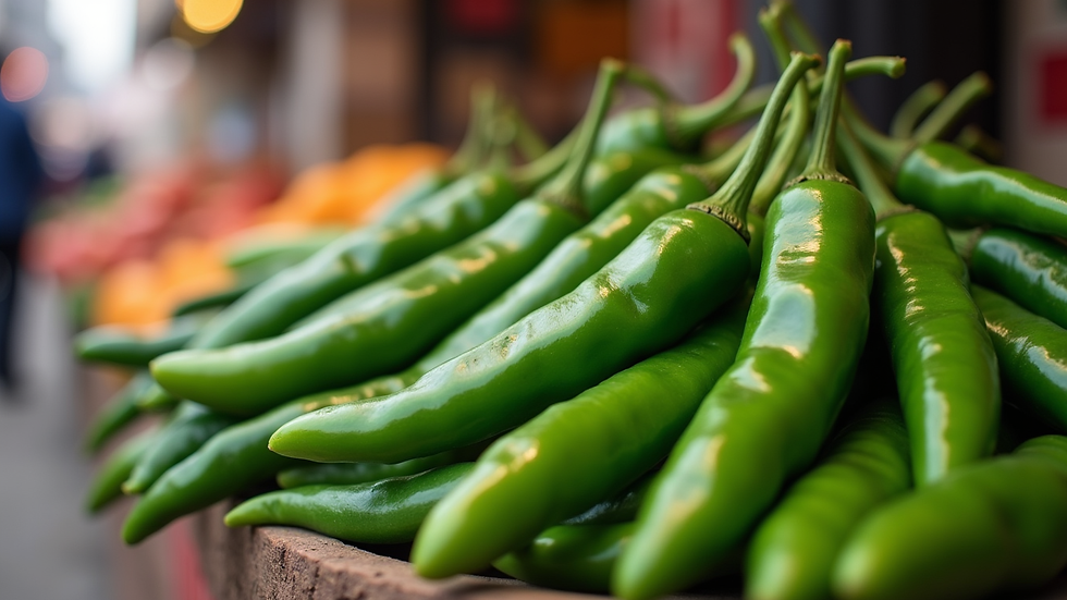 Close-up view of fresh Indian green chilies on a market stall