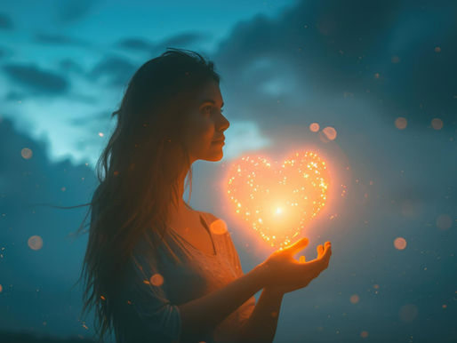 woman holding a glowing heart shape in her hands- dark blue background