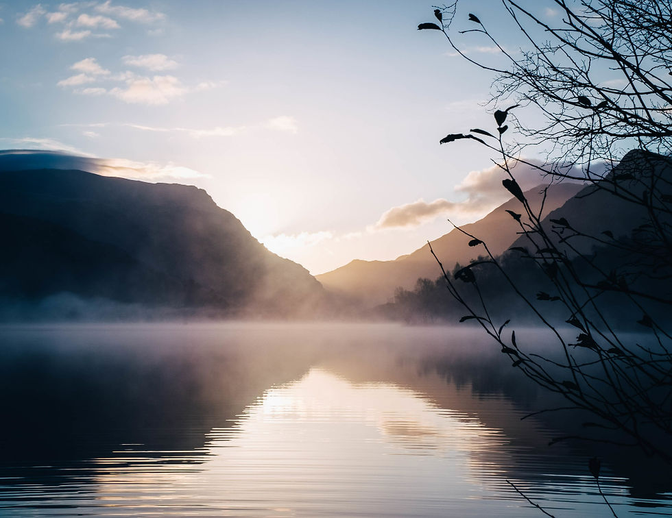 Misty sunrise over a calm lake between dark mountains, with bare branches silhouetted in the foreground.