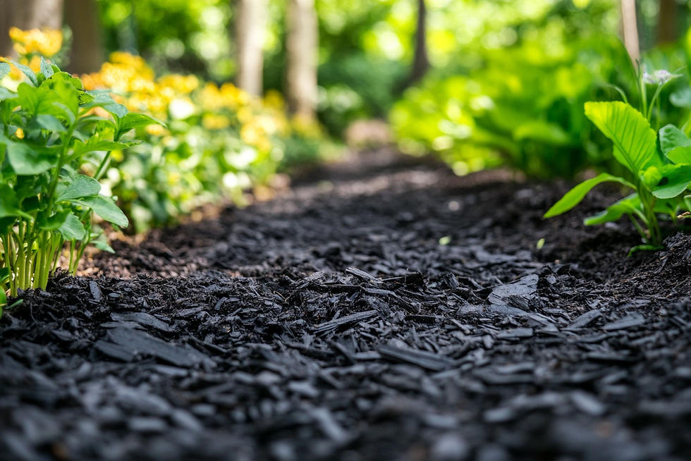 Mulch path bordered by lush green plants and yellow flowers in a sunlit garden, evoking a serene and vibrant atmosphere.