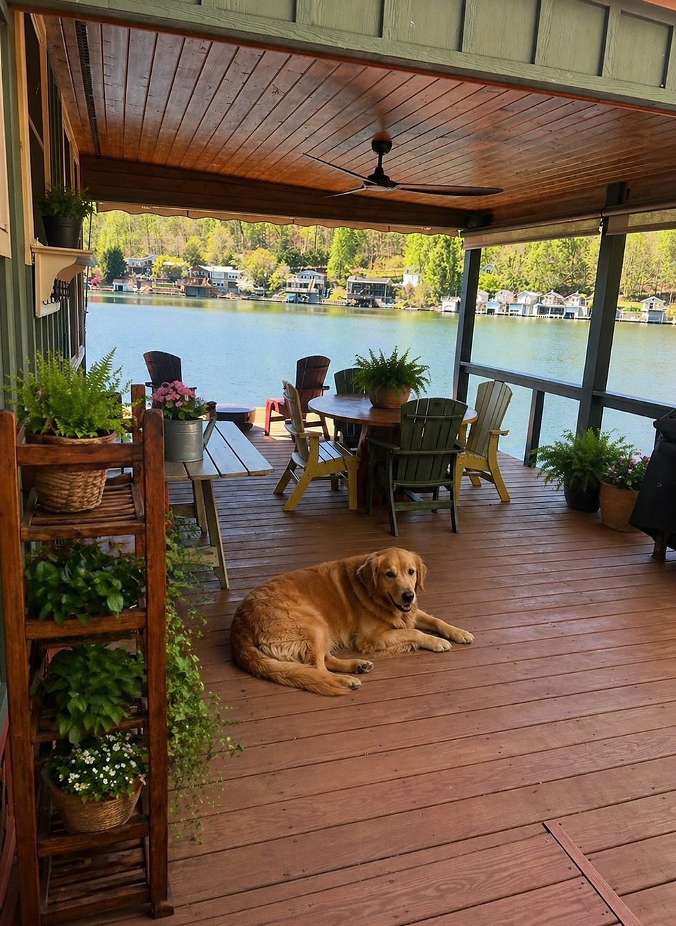 A lakeside porch at Lake Lanier Escape near Landrum, South Carolina