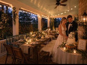 Bride and groom at a candlelit outdoor reception dinner under string lights at an Ananda’s Homestays wedding venue