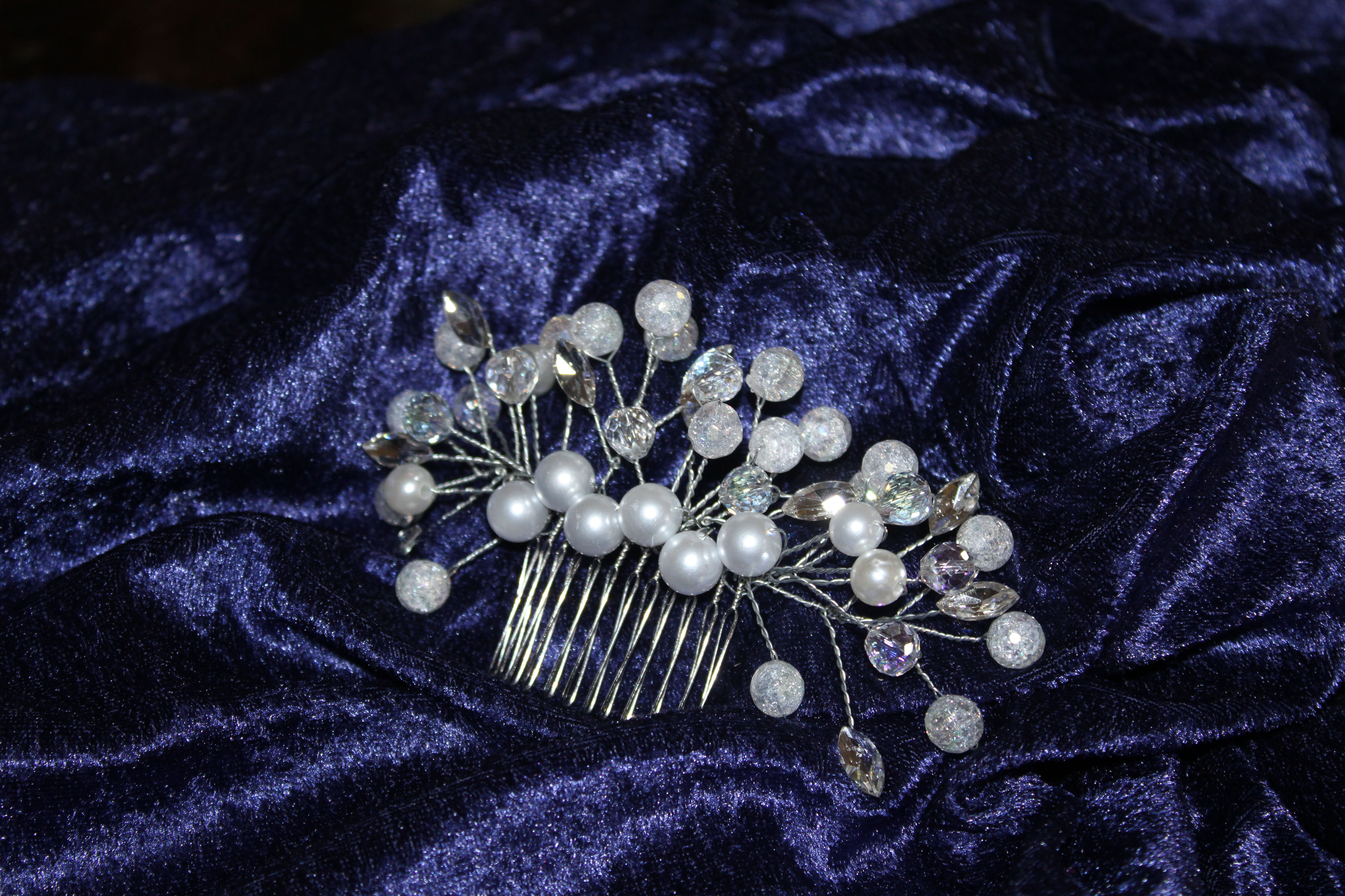 silver bridal hair comb with crystals and glass pearls