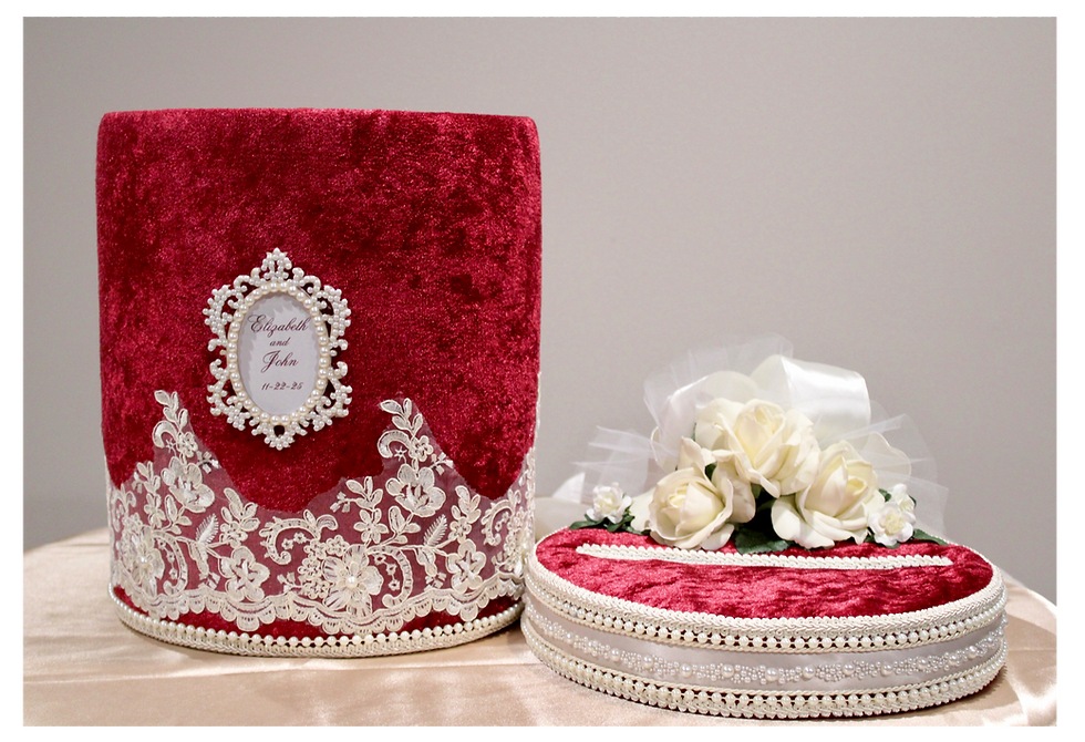 Thumbnail: Burgundy and ivory lace wedding card box as formal wedding décor
