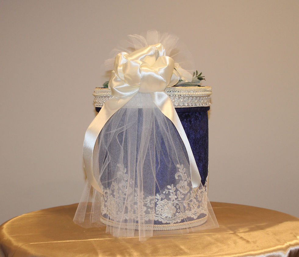 Handcrafted navy velour wedding card box with ivory lace and tulle