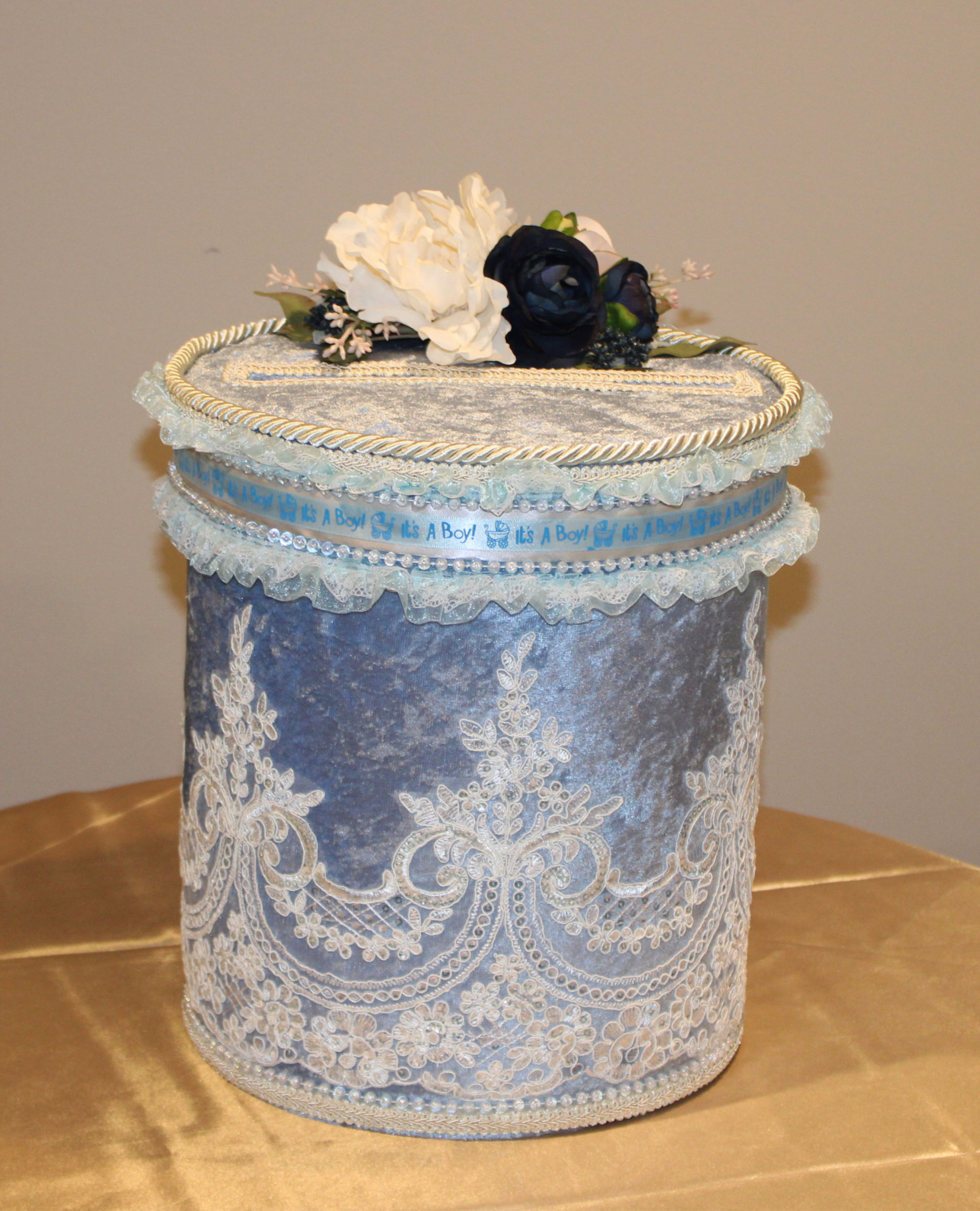 Handcrafted baby blue velour baby shower card box with cream lace and silk roses