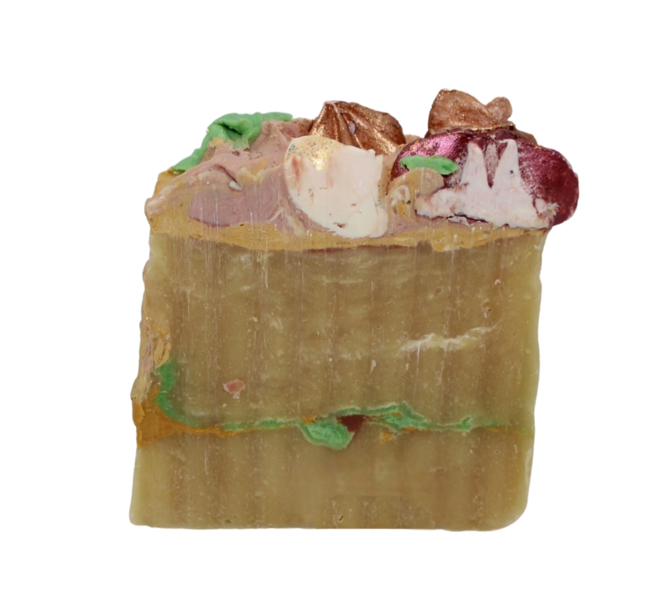 Handcrafted Hawaiian Plumeria Castile bar soap with retained glycerin, made with organic oils and natural mica.