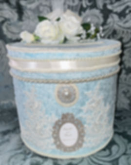 Handcrafted baby blue velour wedding card box with lace and silk roses