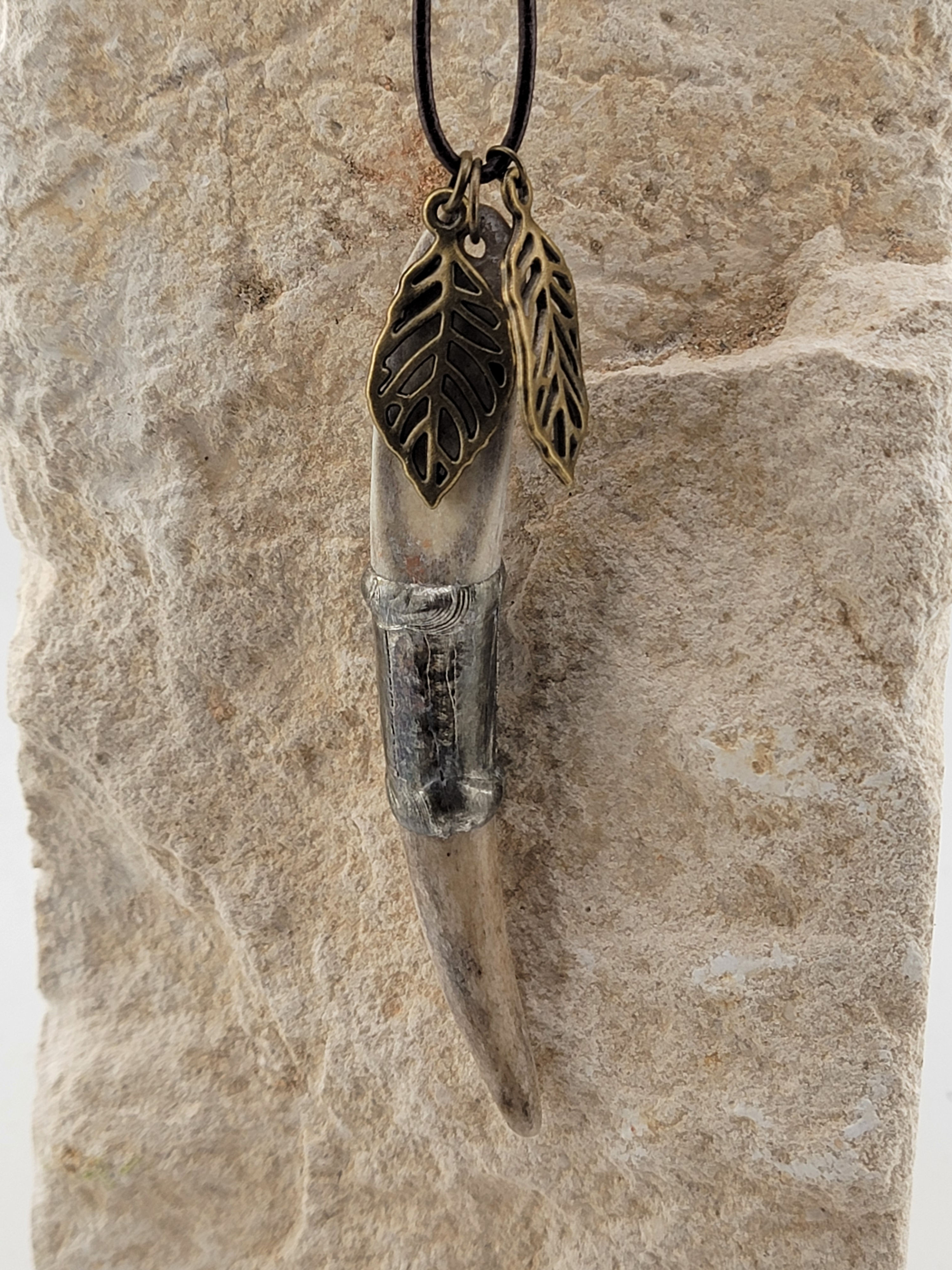 3 1/2" Antler Shed Necklace w brass leaf's and silver band