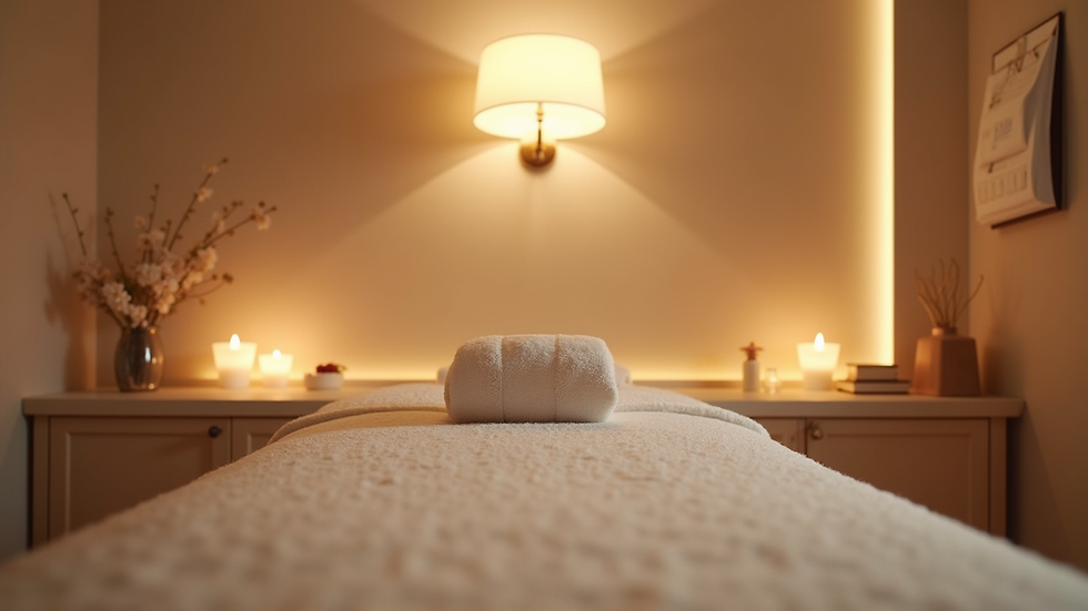 Eye-level view of a serene massage room with soft lighting and calming decor