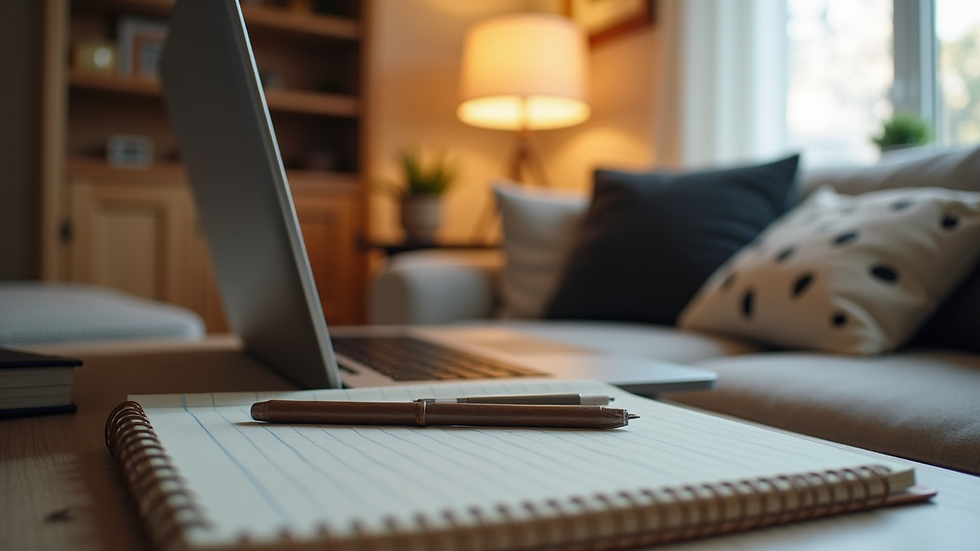Eye-level view of a cozy home therapy setup with a laptop and a notebook