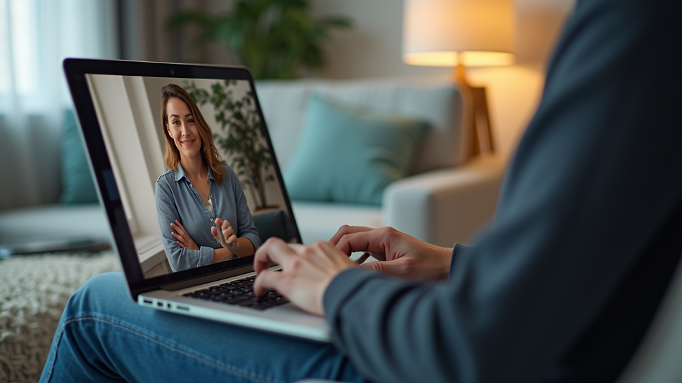 Close-up view of a laptop screen showing a virtual therapy session in progress