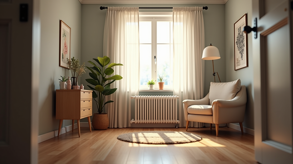 Eye-level view of a cozy counseling room with a comfortable chair and soft lighting