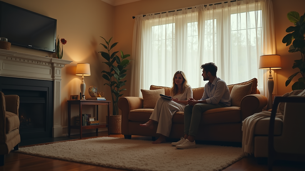 Eye-level view of a cozy living room with a parent and teenager talking on a couch