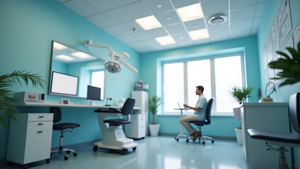 Eye-level view of a modern clinical consultation room with medical equipment