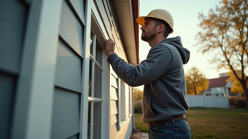 Eye-level view of a handyman inspecting a house exterior