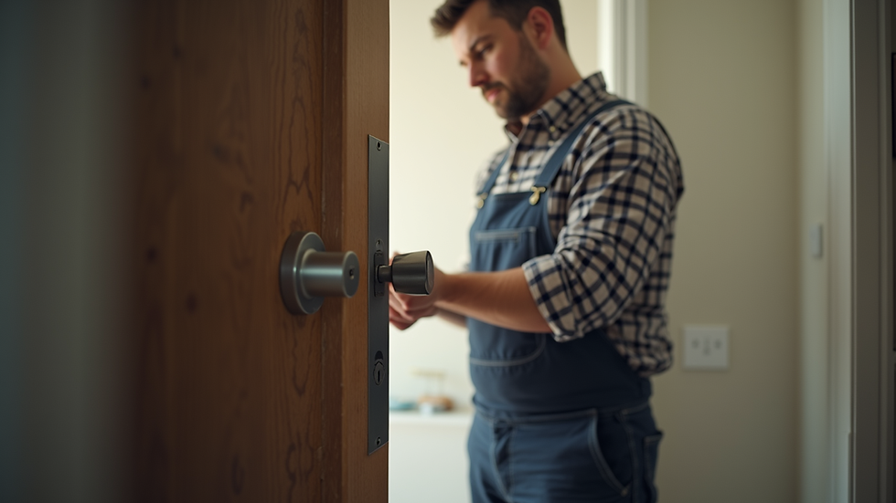 Eye-level view of a handyman fixing a door lock