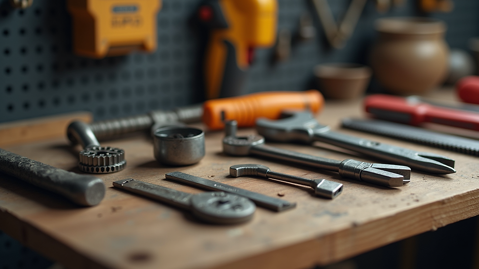 Close-up view of a handyman’s toolkit on a workbench