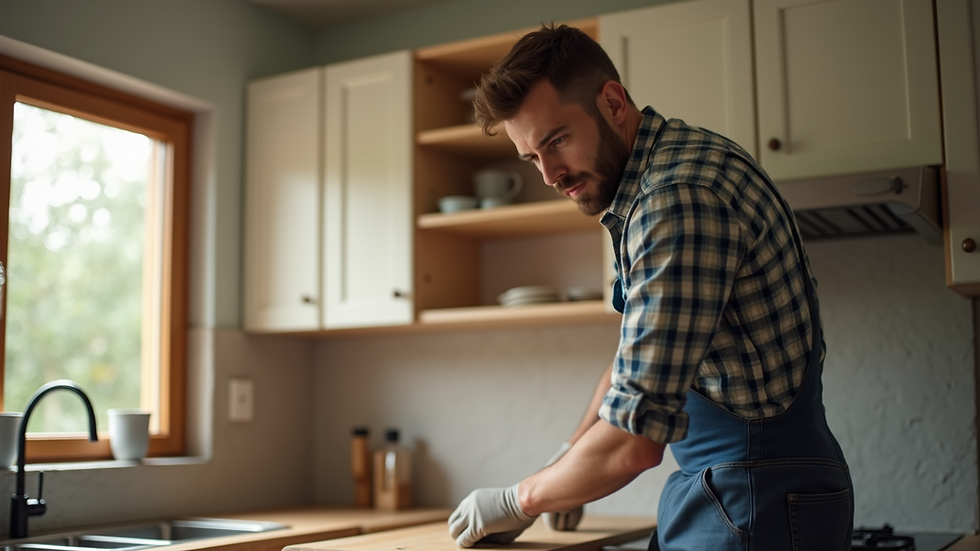 Eye-level view of a handyman fixing a kitchen cabinet