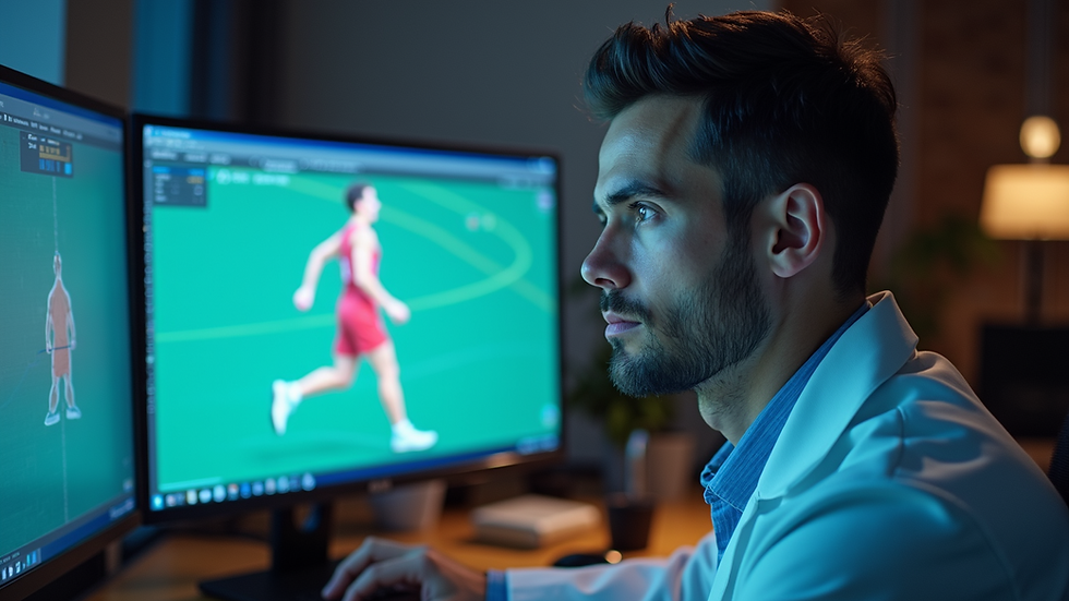 Eye-level view of a sports scientist analyzing athlete's motion data on a computer