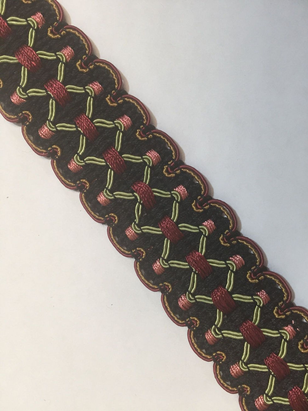 woven black, red, and peach tape trim