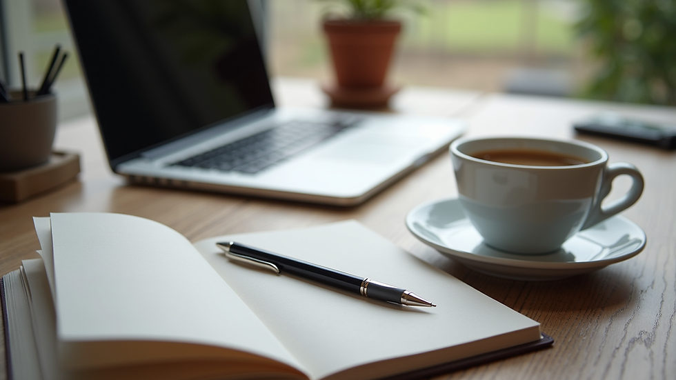 Vue en plongée d’un bureau avec un carnet, un stylo et une tasse de café
