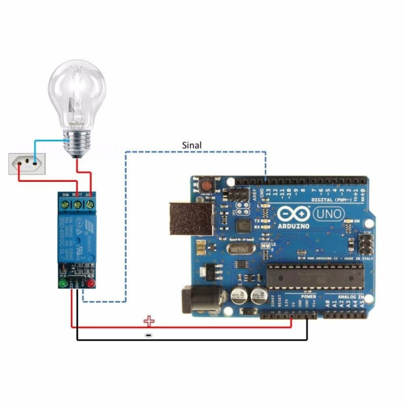 Miniatura: Diagrama de circuito: Arduino controla un relé y bombilla, con conexión GND.