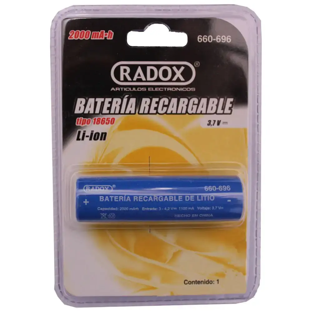 Pila recargable tipo 18650 con empaque