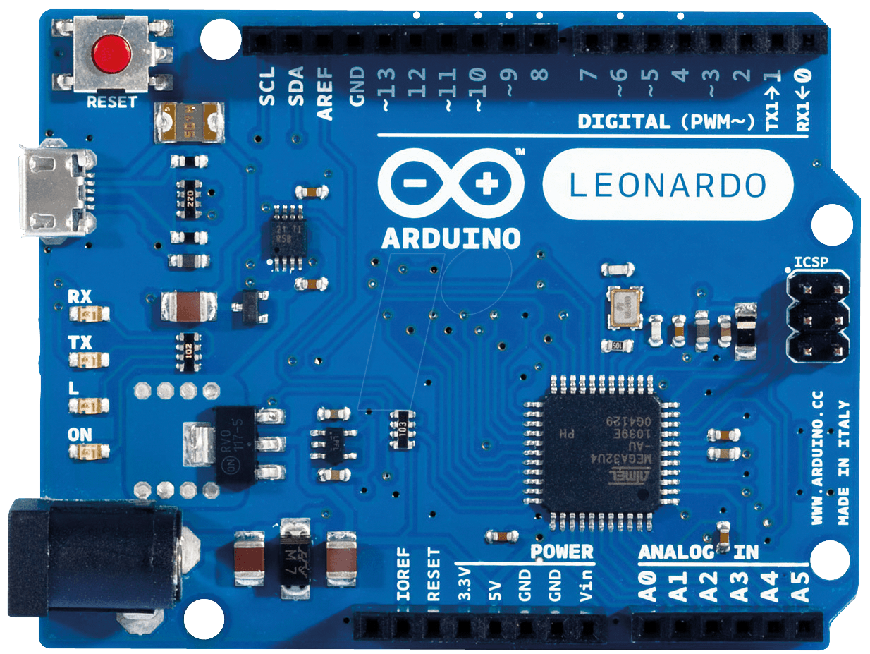 Placa microcontroladora Arduino Leonardo con puertos DIGITAL (PWM) y ANALOG IN.