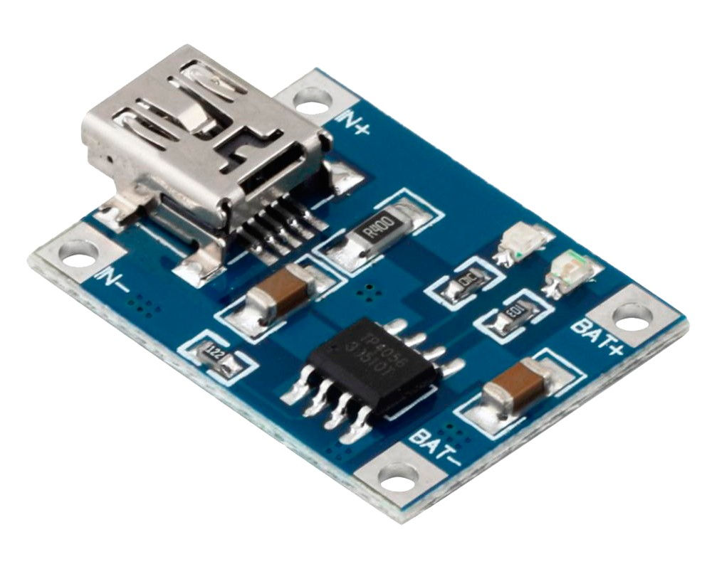 Placa de circuito cargador USB con texto IN+, IN-, BAT+, BAT-