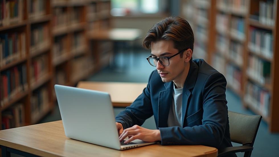 High angle view of a student working on a laptop in a library