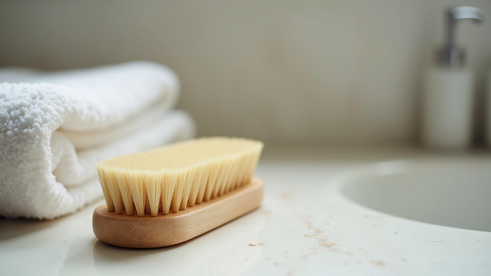 Eye-level view of a natural bristle brush and a towel on a bathroom counter