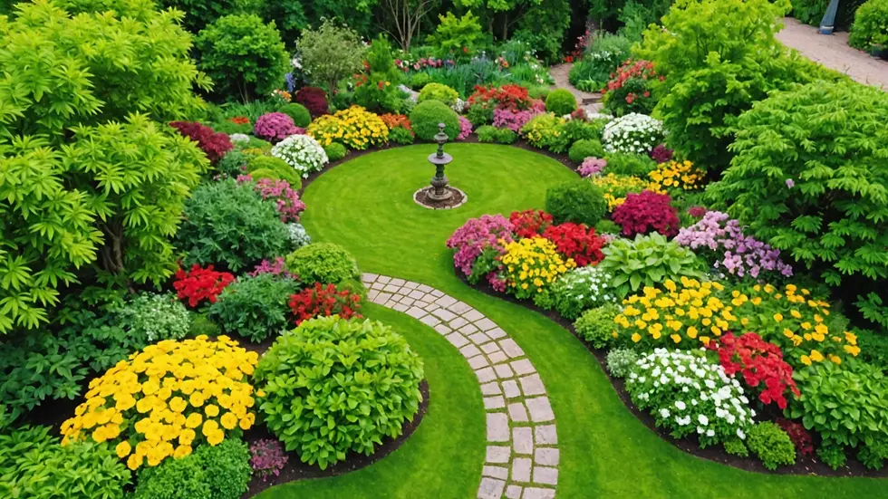 High angle view of a garden with lush greenery and vibrant flowers