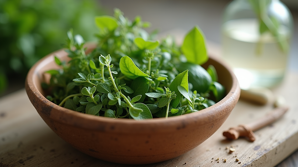 Close-up view of a bowl with fresh herbs and natural skincare ingredients