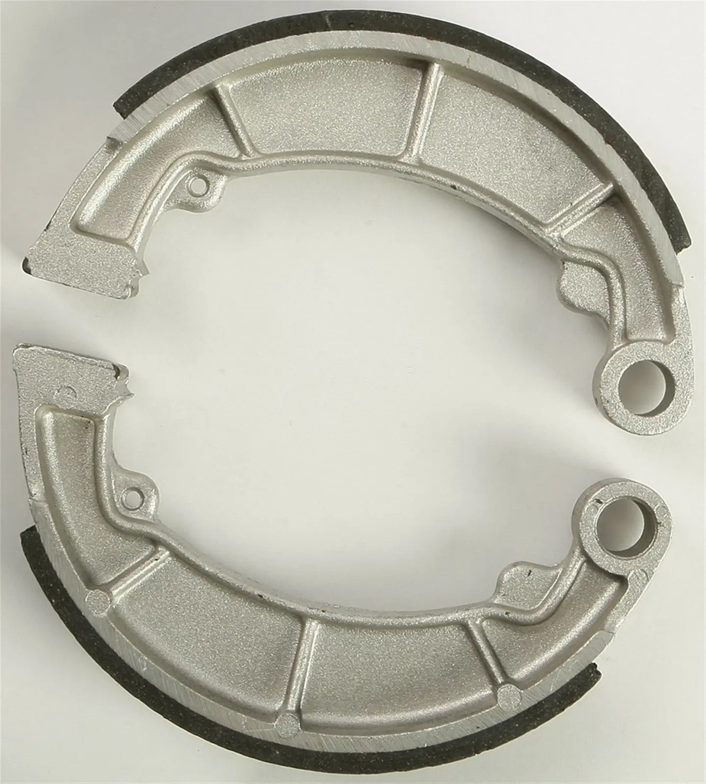 EBC 708 organic motorcycle brake shoes – pair showing lining material and backing plate design