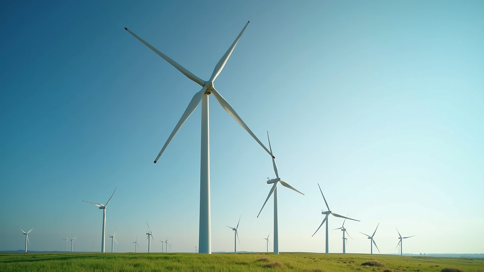 Eye-level view of a wind farm with turbines spinning under a clear sky
