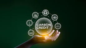 Hand presenting a glowing orb labeled "carbon credit" surrounded by icons representing various sustainable resources, on a dark green background.