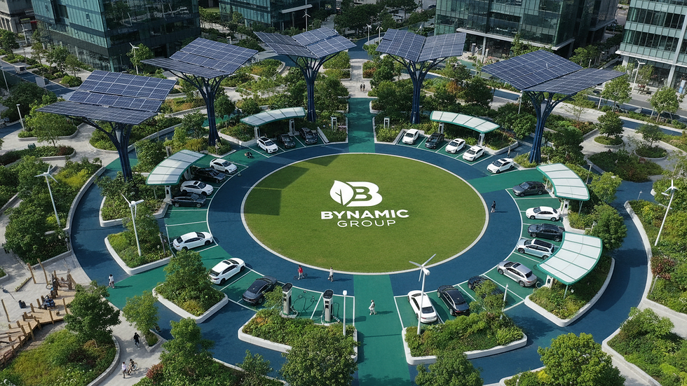 High angle view of a thriving urban green space with solar panels and electric vehicle charging stations