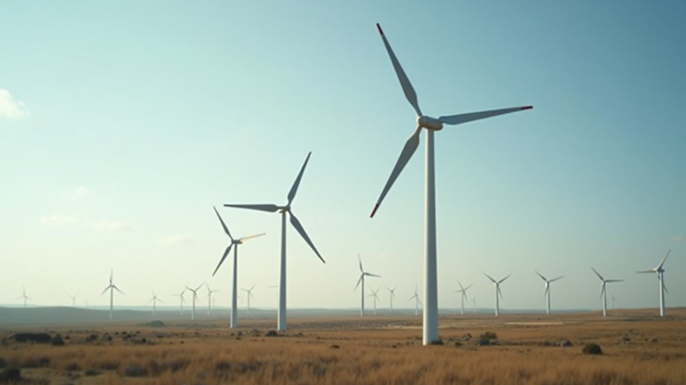 Close-up view of wind turbines spinning on a clear day